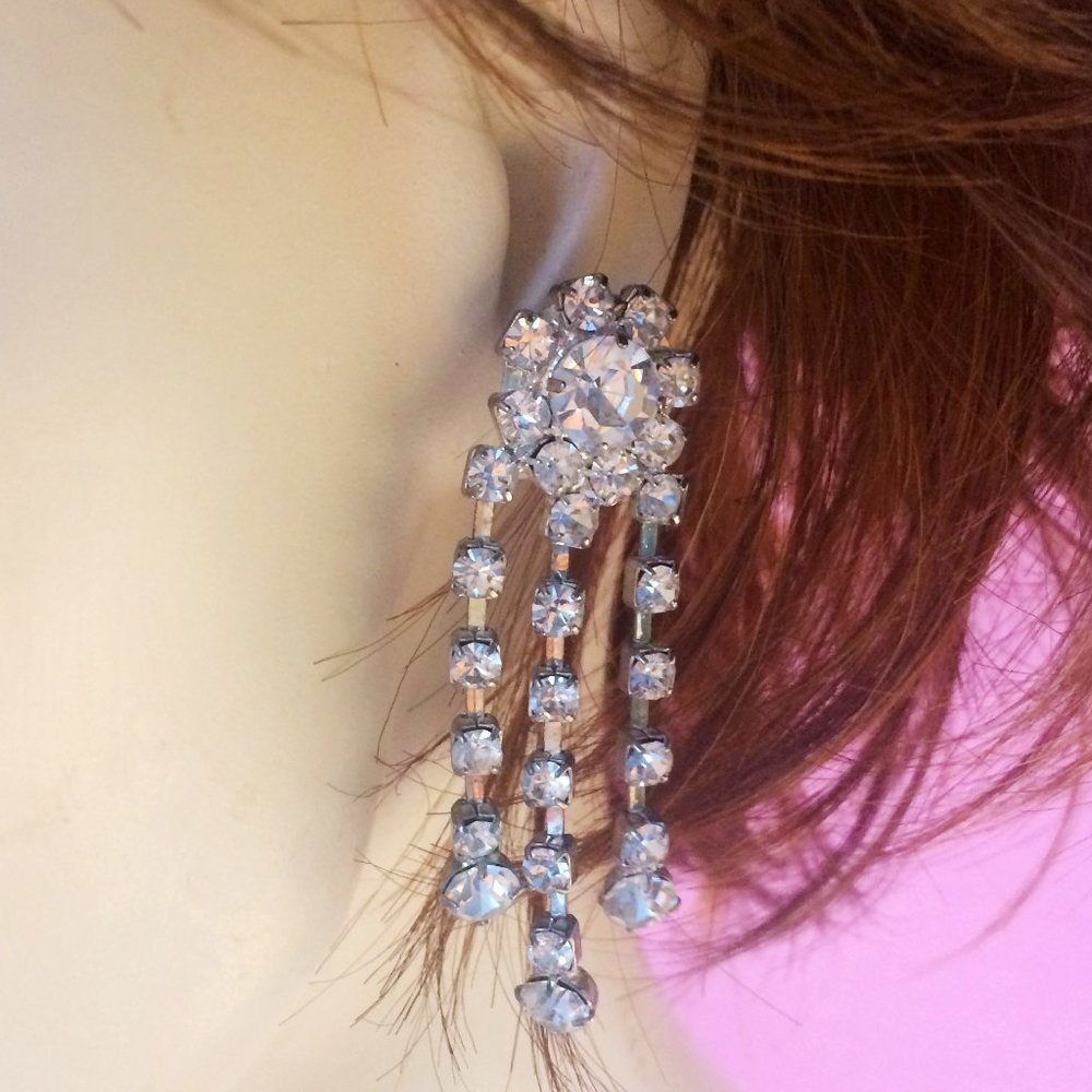 Silver Rhinestone Dangle Earrings Pierced